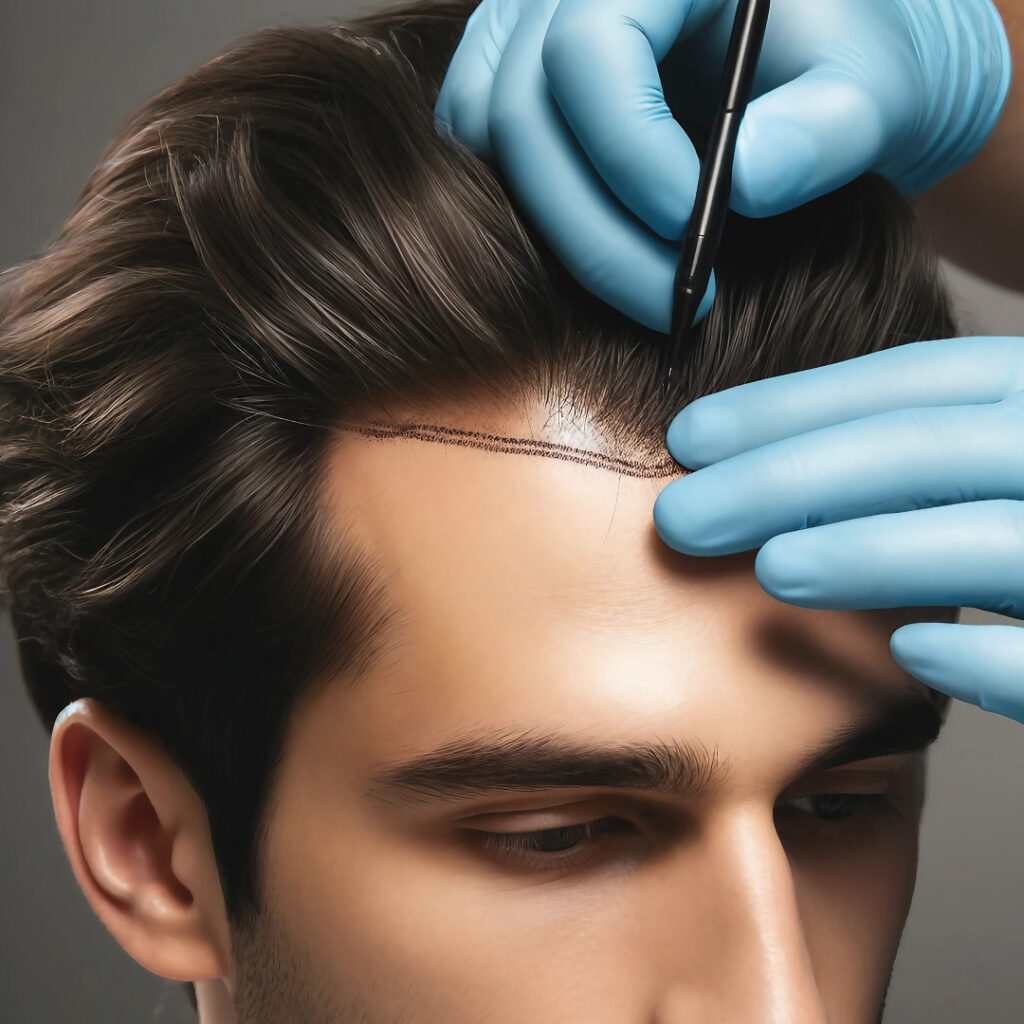 Doctor evaluating scalp condition to determine the number of hair grafts needed for a hair transplant