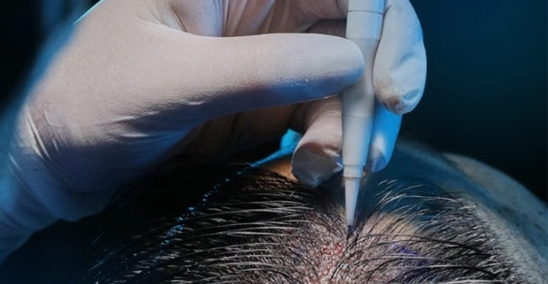 Specialist performing a hair transplant procedure while carefully protecting hair follicles.